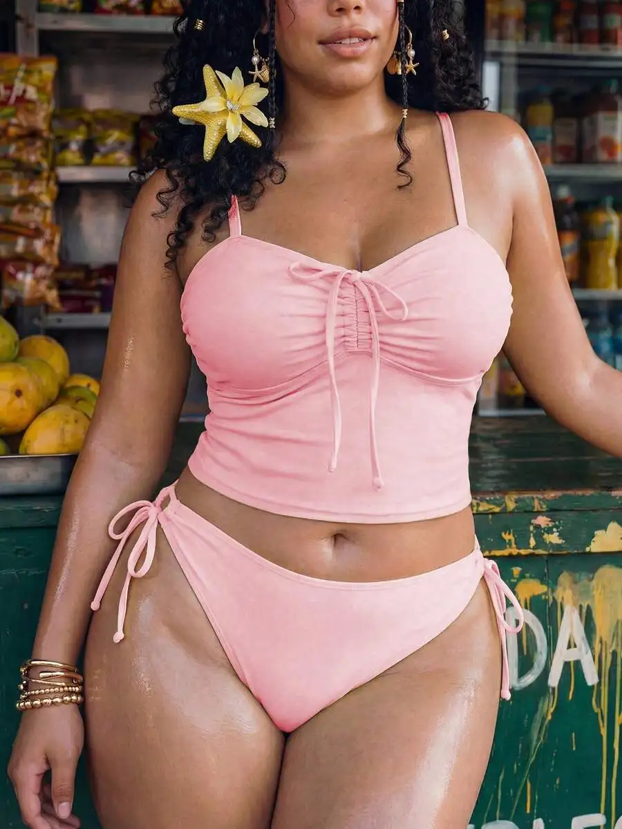 

Plus Size Two Piece Pink Ruched Front Tie Bikini Set Adjustable Side Tie Swimwear For Women