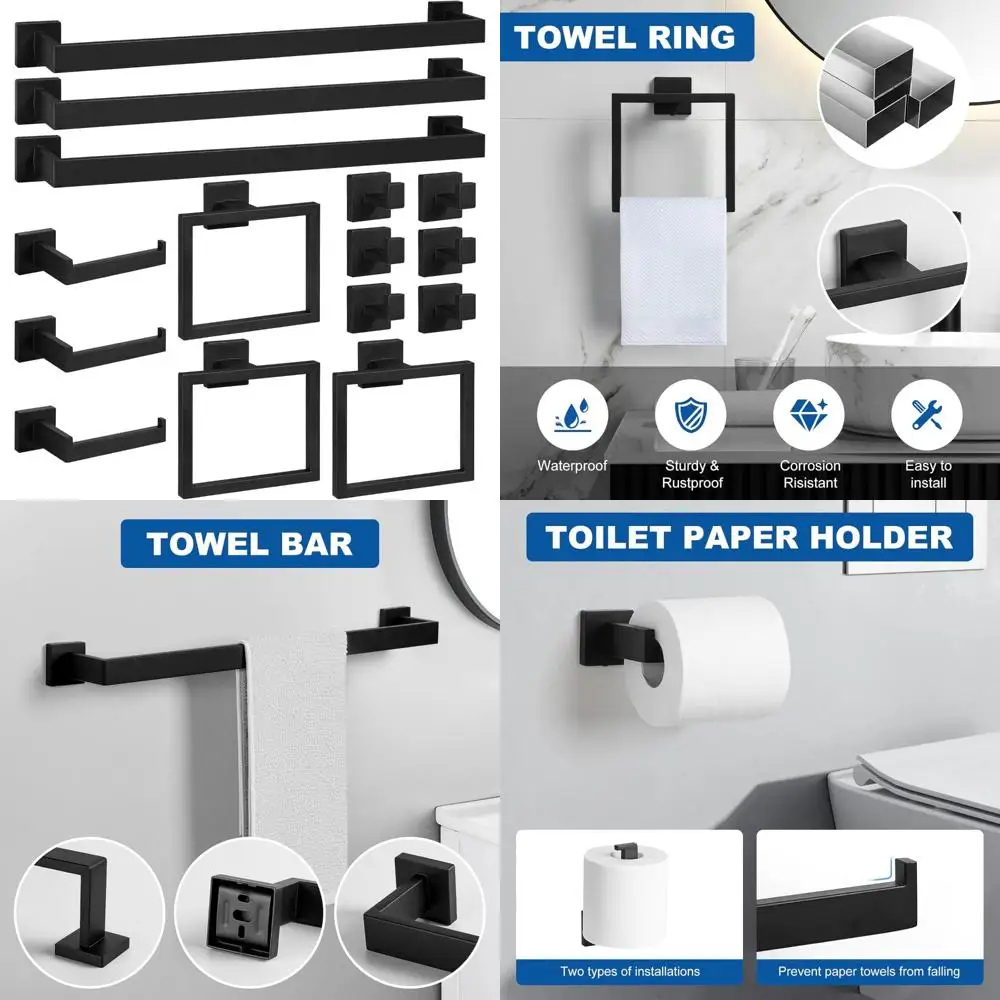 

Matte Black Bathroom Hardware Set with 15 Pieces, 24 Towel Bar, Square Ring, Toilet Paper Holder - Modern Bathroom Accessories