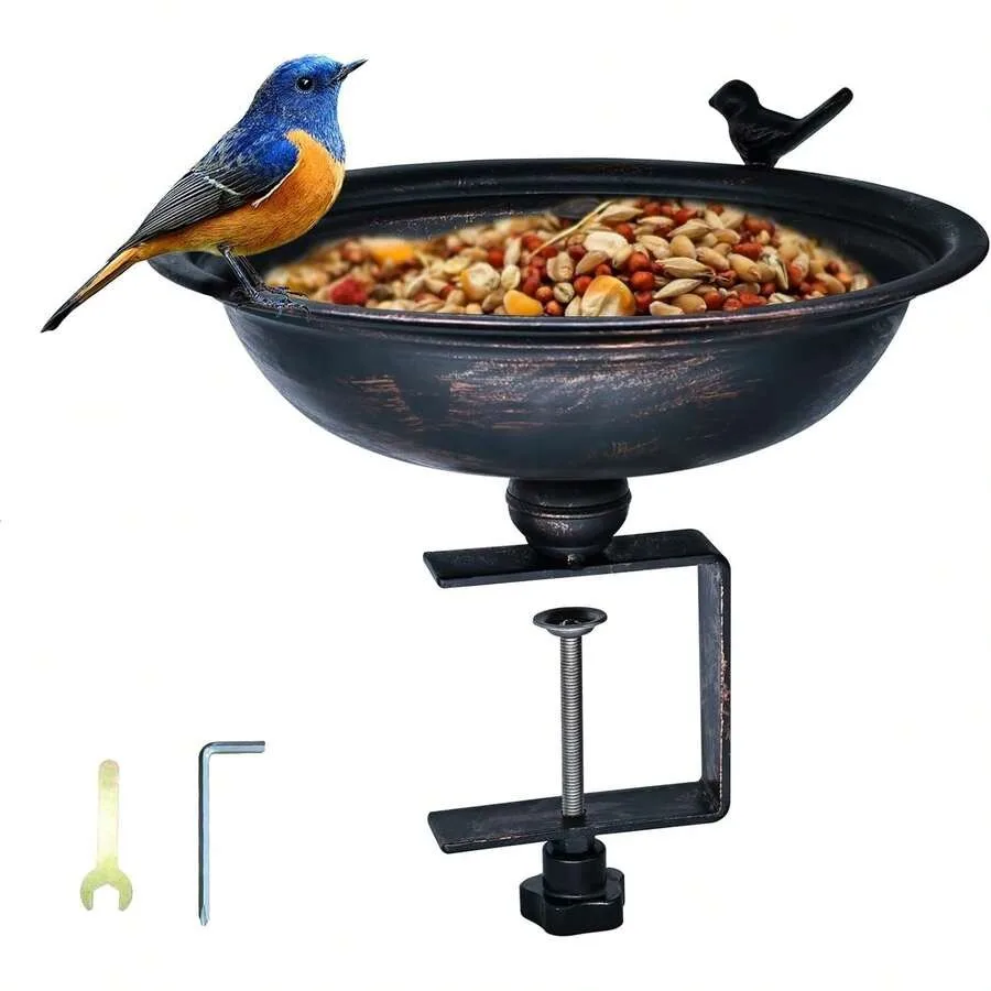 【New style】12-Inch Metal Bird Bath And Feeder For Outdoors, Deck Mounted Bird Bath With Detachable Basin, Garden Bird Bath For