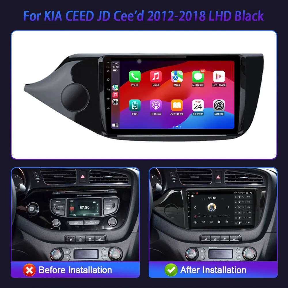 Android 14 For KIA CEED JD Cee'd 2012-2018 LHD Black 2DIN WIFI Wireless Carplay Stereo Screen Car Radio Multimedia Navigation