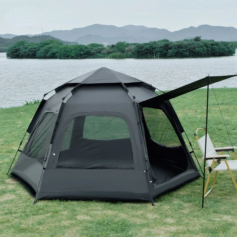 

3 4 5 Person Automatic Hexagonal Black Glue Family Camping Tent UV Outdoor Ventilation Beach Awning Hiking Pergola Team Car Tarp