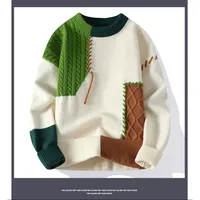 Trendy Color Block Knitwear round Neck Base Shirt Handmade Stitching Fashion Design for Teenage Boys Autumn Season Casual Wear