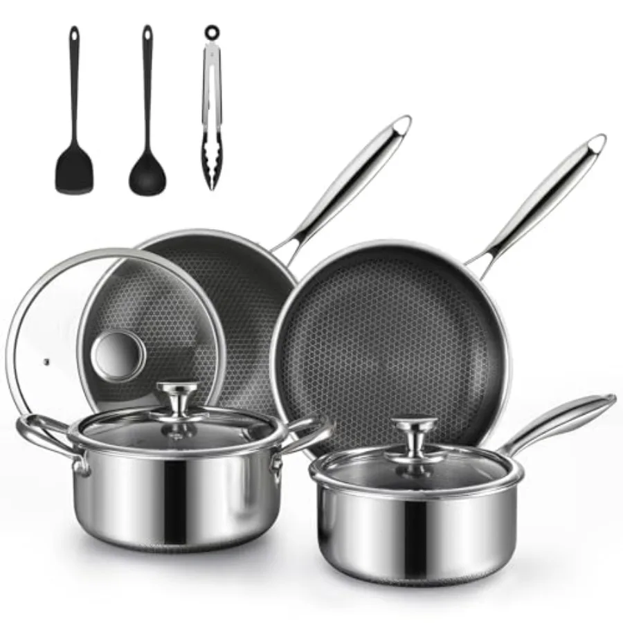 

Non Stick Pots and Pan Set 10 Pcs Hybrid Stainless Steel Cookware Set with Lids for Home Kitchen Includes Skillet Stock Pot Non