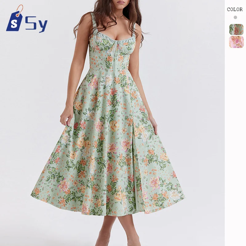 

Sy Summer Dress Women 2024 Green Lace Floral Print Dress Elegant With Casual Party Holiday Dress High Quality