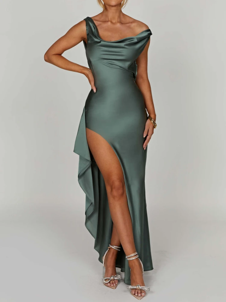 Customized New Elegant Sling Draped Collar Evening Dresses Solid Sexy High Split Wave Edge Design Gown Luxury Glossy Long Vestid