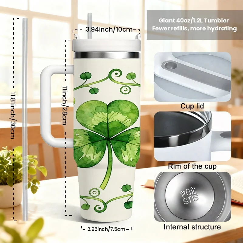 40oz Stainless Steel Double Wall Insulated Tumbler with Handle and Straw, Soft Watercolor Four-Leaf Clover & Shamrock Sublimation Print Travel Mug, Keeps Drinks Hot 18H Cold 36H, Ideal St. Patrick's Day Holiday & Birthday Gift for Friends and Family