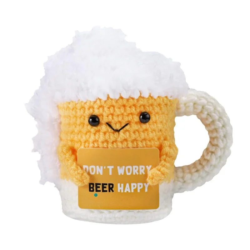 Cute Handmade Crochet Plush Doll Funny Beer Mug Ornament Emotional Support with Card Desktop Home Office Birthday Holiday Gift