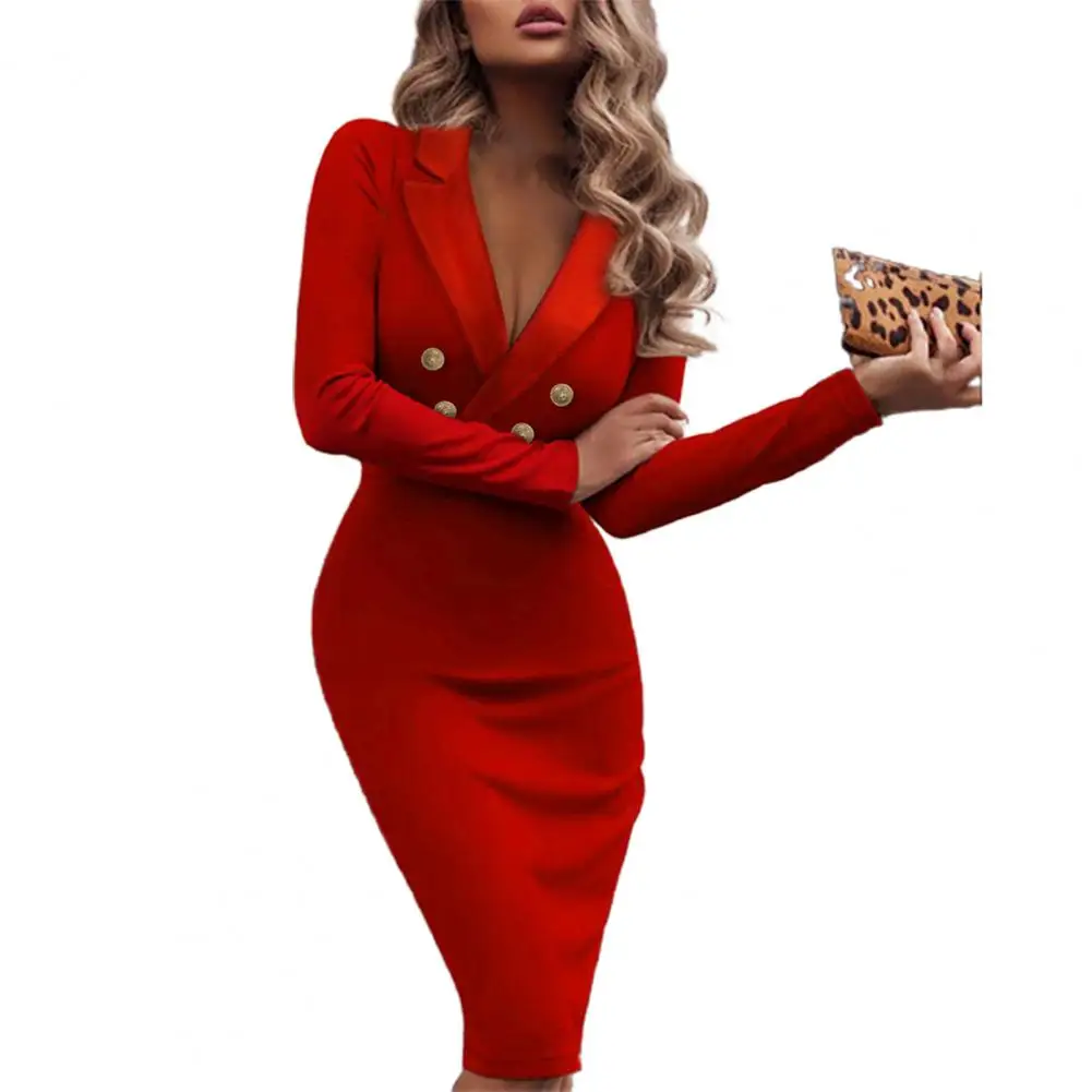 

2024 Autumn Winter Solid Color V-neck Double Breasted Suit Package Hip Dresses For Women Elegant Office Ladies Bodycon Dress