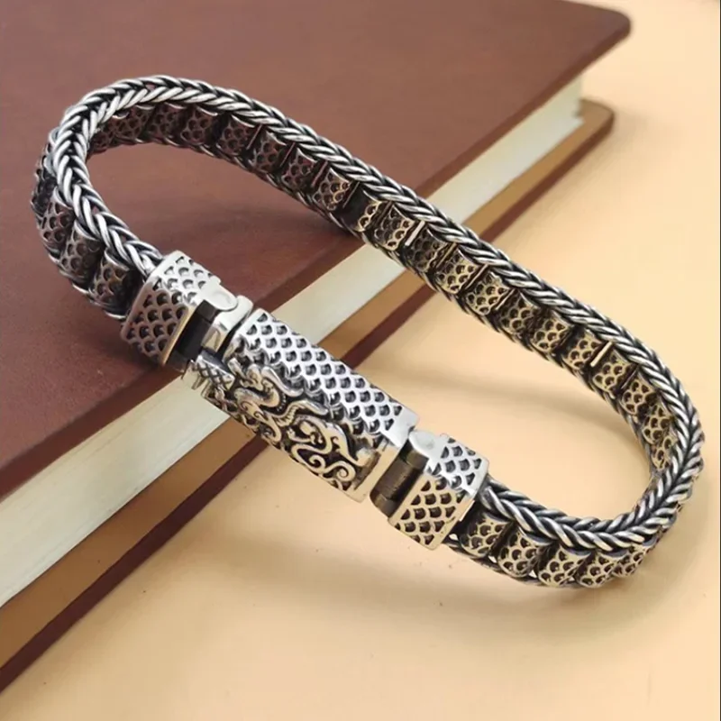 New Silver Color Handmade Bracelet Rotary Drum Dragon Scale Pattern Bracelet Chaopai Transfer Ethnic Style Fashion Jewelry