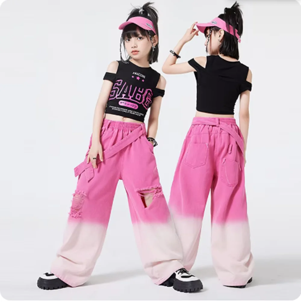 Girls Jazz Fashion Suit Kids Hip Hop Dance Performance Costume Kpop Stage Outfit Streetwear Black Top Pink Gradient Pants