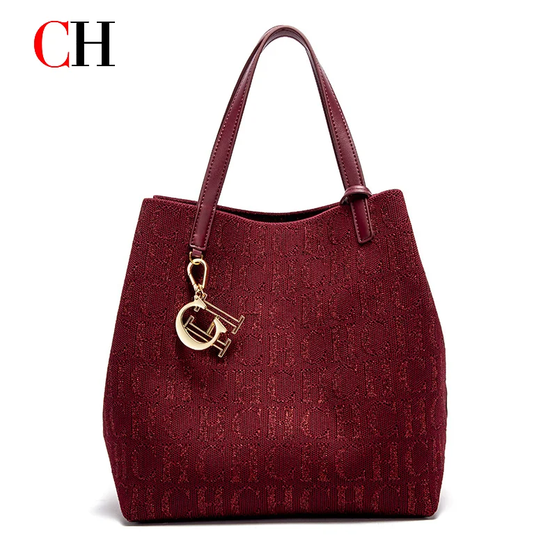 CH Women Printed Tote Bag Large Capacity Top Handle Shoulder Bag Commute Shopping Handbag With Pendant
