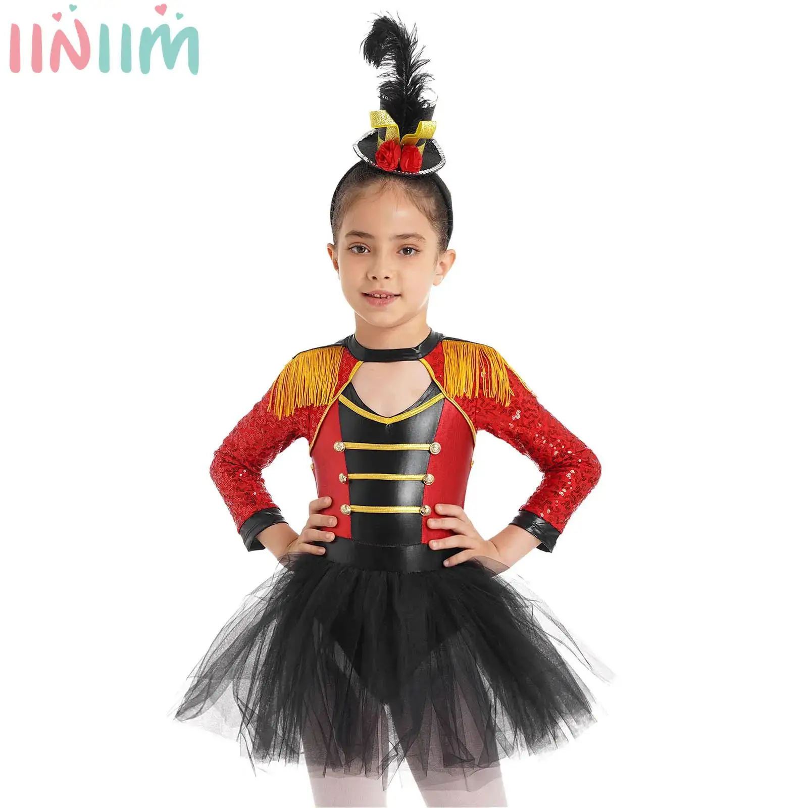 Bambini ragazze Circus Ringmaster Costume Cosplay Halloween mago vestito da ballo Teen Carnival paillettes giacca nappa Tulle Dancewear