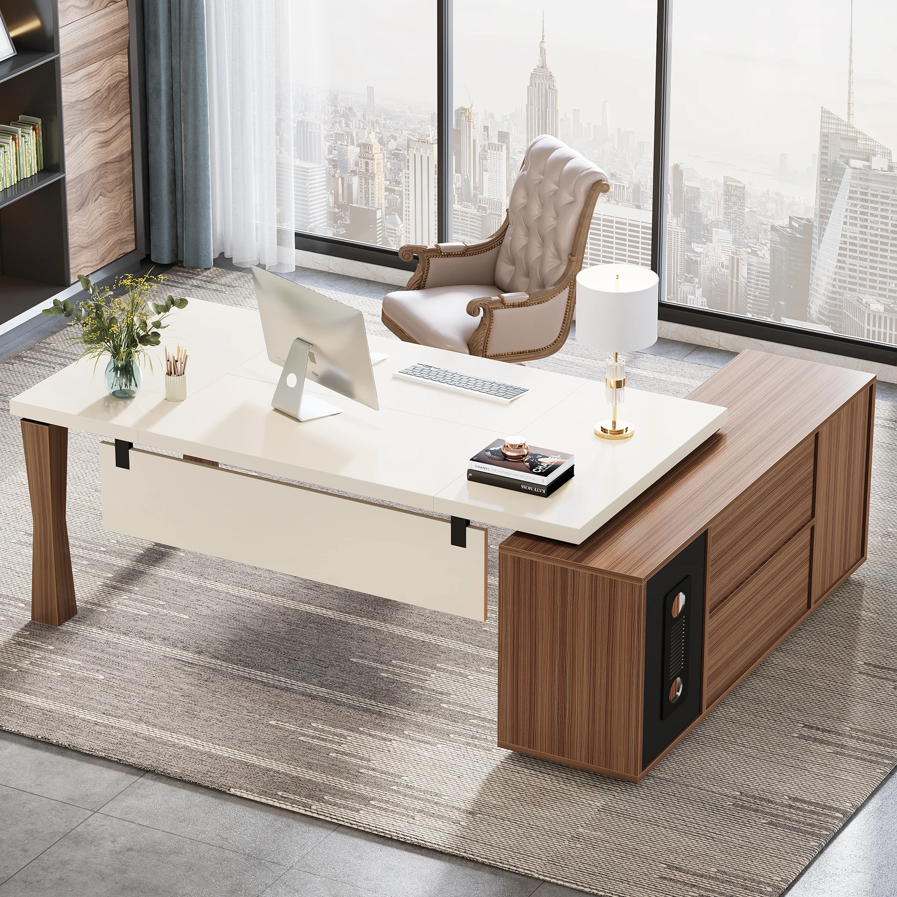 Tribesigns 71-Inch Executive Desk, L-Shaped Desk with Cabinet, Large Office Desk with Storage Shelves, Writing Table Desk