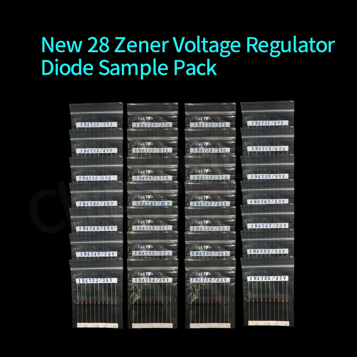 28 Types of 1W Zener Glass Regulator Diode Sample Package 1N4742 3.3V-1N4756A 47V Total 280