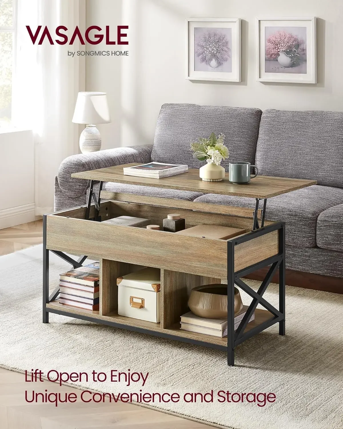 

Lift Top Coffee Table, Coffee Table with Storage Shelf, Hidden Compartments and Lifting Top, for Living Room