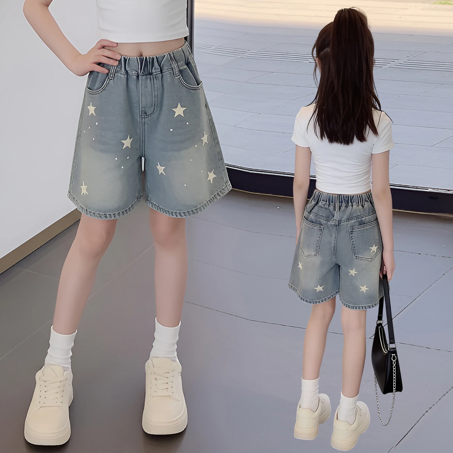 

Stylish Kids Girl Front Pocket Denim Shorts For Children Cool Summer Jeans Shorts With Star Print 5 6 7 8 9 10 11 12 13 14 Y