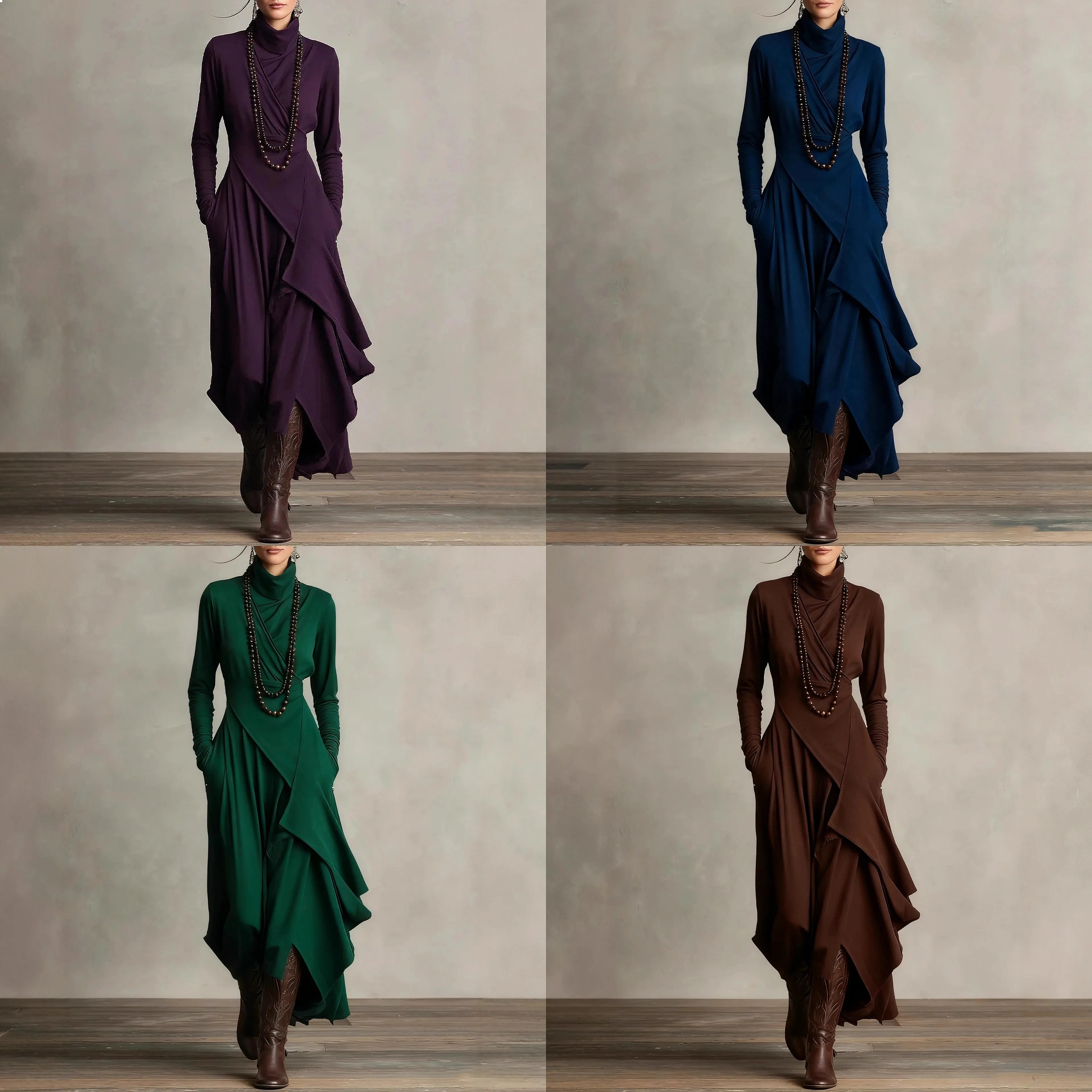 

Pure Color Long Sleeve Cross High Neck Dress Dresses Spring Summer Overalls Jumpsuit Playsuit Matching Set Evening Dress