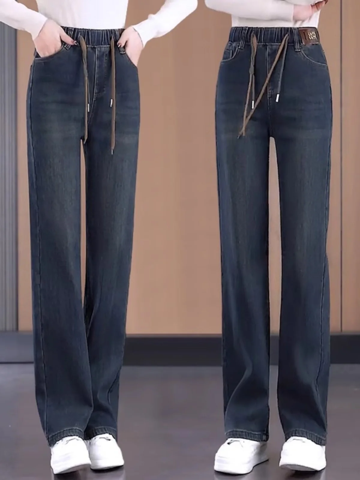 

Женские широкие джинсы с высокой талией на подкладке, свободные эластичные повседневные прямые брюки с цементным ушком, весна-осень, новинка Sle