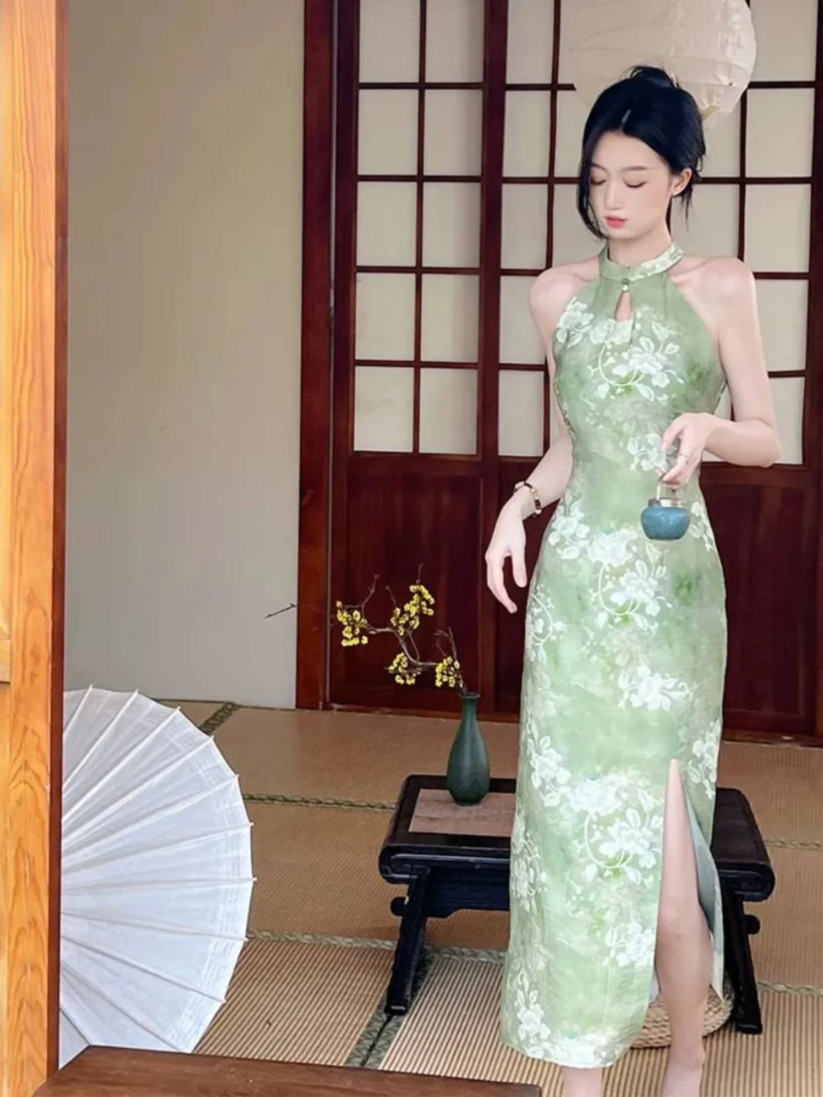 

New Chinese Style Hanging Neck Strap Dress Women Summer Slimming Long Skirt A-Line Midi Dress Floral Print
