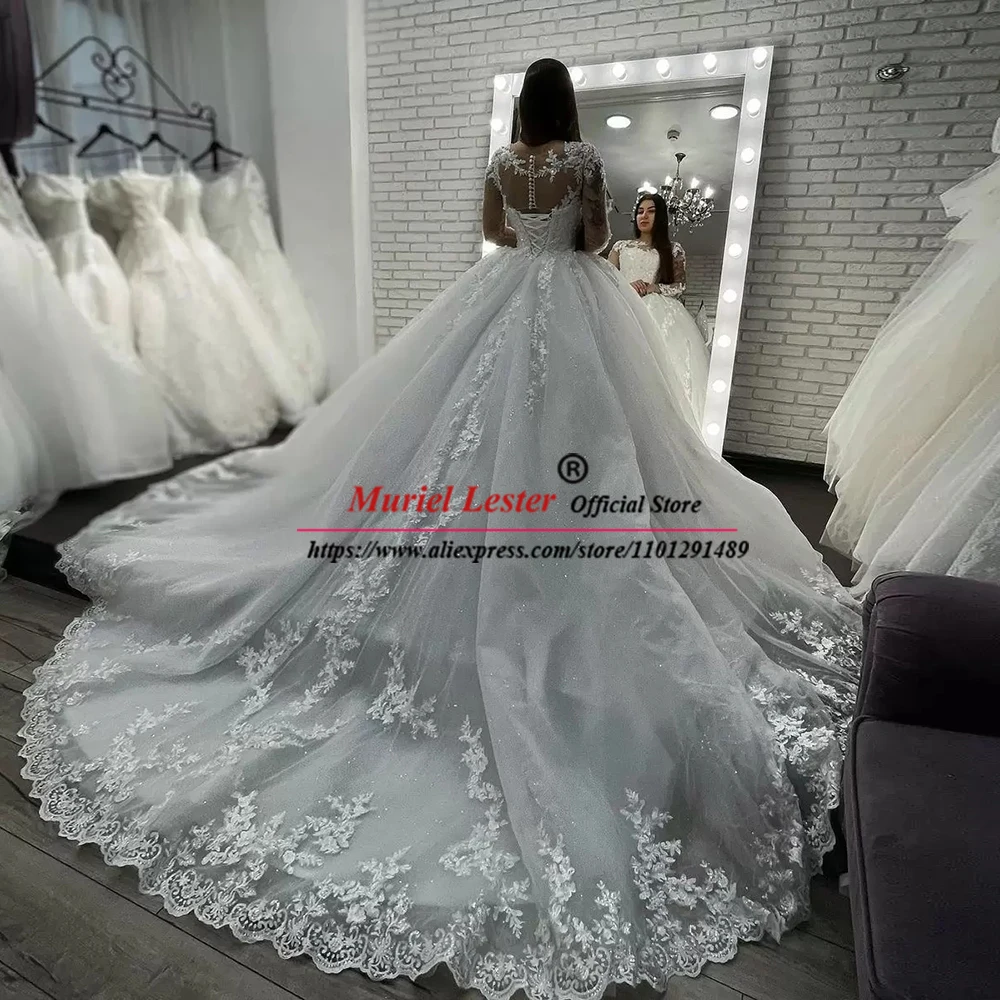 Charming Ball Gown Wedding Dresses Full Sleeves Lace-Up Sparkly Appliques Women Formal Party Bridal Gowns Elegant Tailore Made