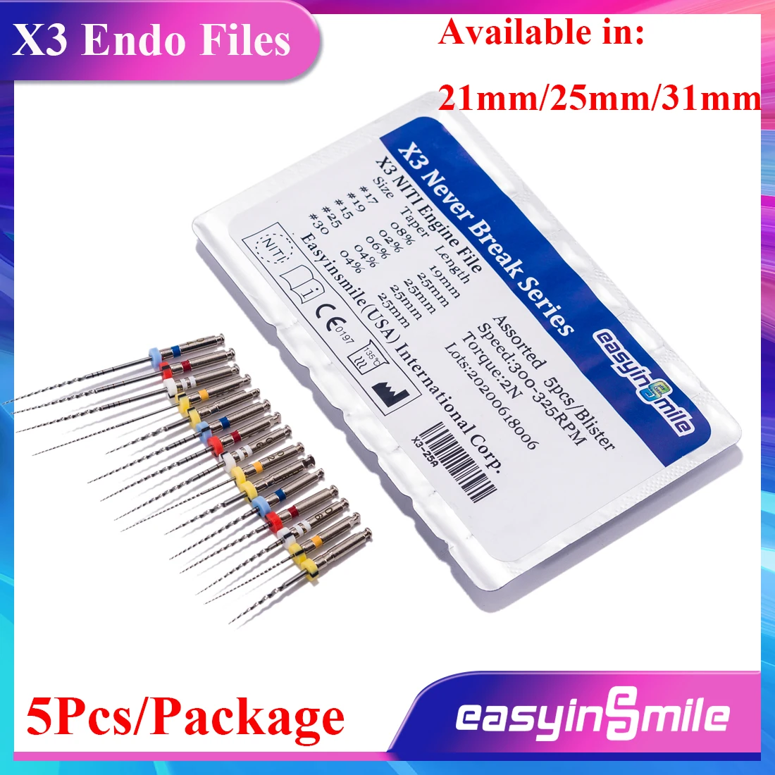 

EASYINSMILE 5Pcs Dental X3 Endo Rotary Files Endodontic NITI Root Canal Curval Universal Engine Tips 21/25/31mm Never Break Seri