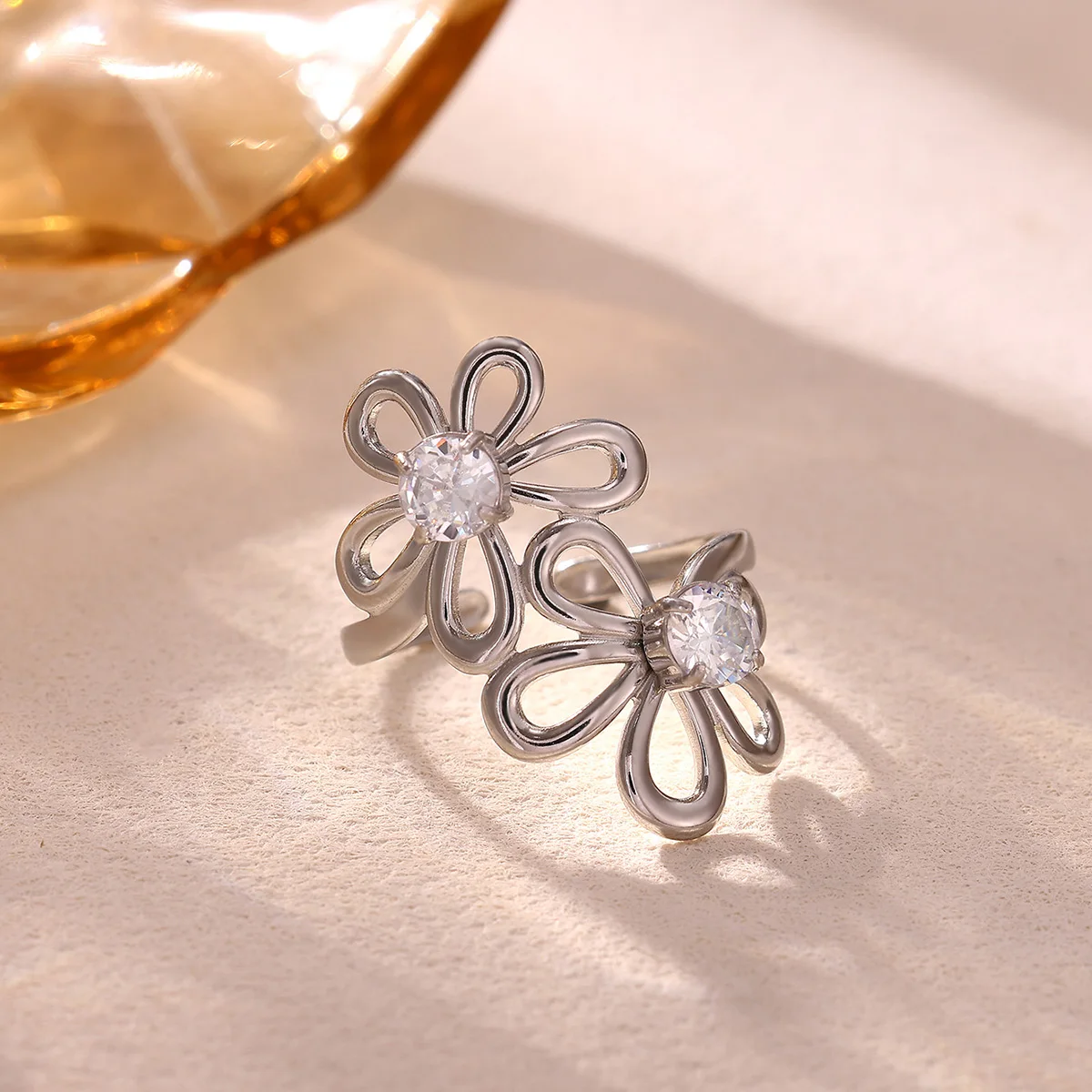 Stainless Steel Hollow Flower Zircon Rings for Women Sweet Irregular Daisy Geometric Open Ring Trendy Charm Jewelry Gift view 3
