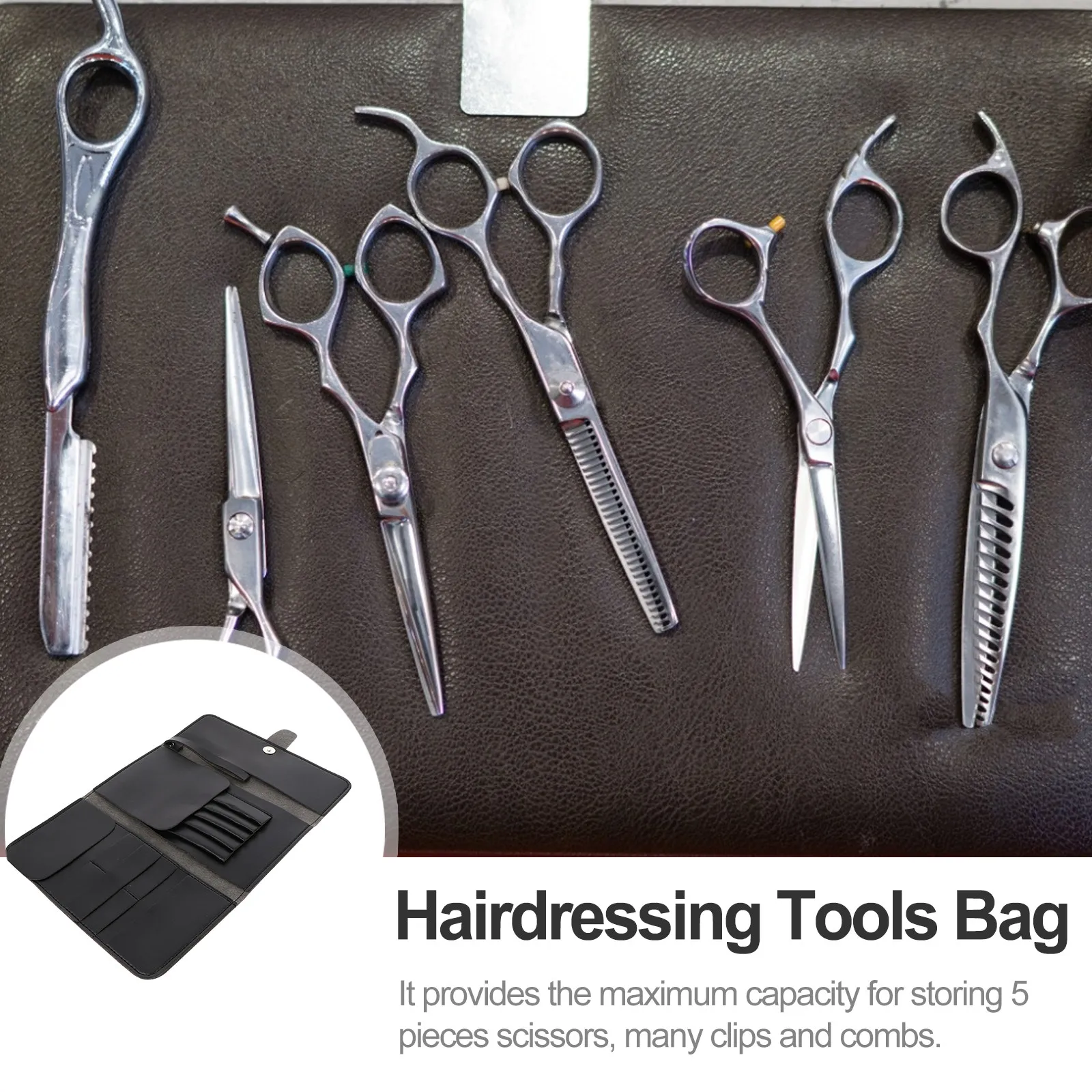 

Стильный футляр для инструментов для укладки волос с максимальным объемом хранения: 5 ножниц, расчесок, зажимов. Портативный контейнер для салонных инструментов. Чехол для парикмахерских ножниц.
