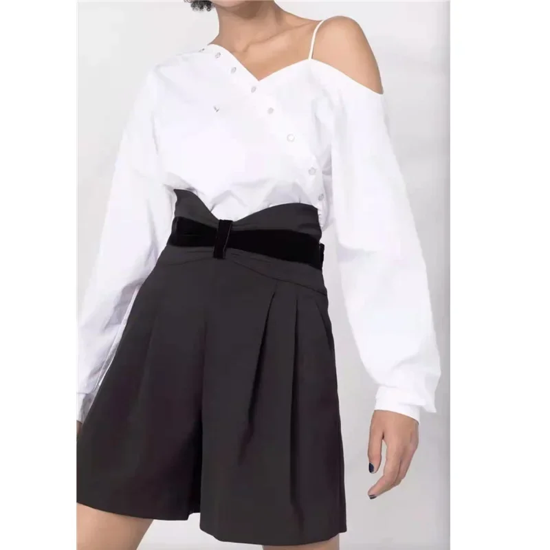 

2022 Spring New Long-sleeved Commuter Lantern Sleeves Mid-length White Oblique Button Off-the-shoulder Shirt Women