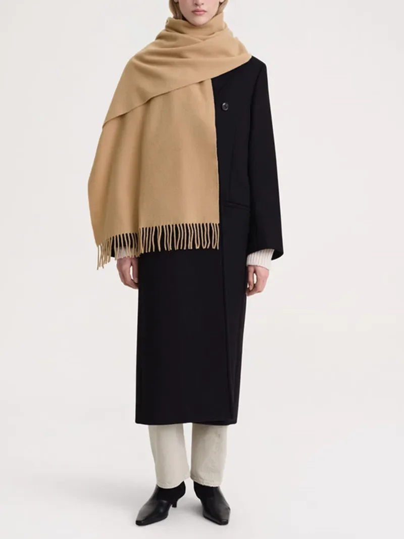 Women Shawl Simple Fashion All-Match Winter 100% Wool Tassels Scarf