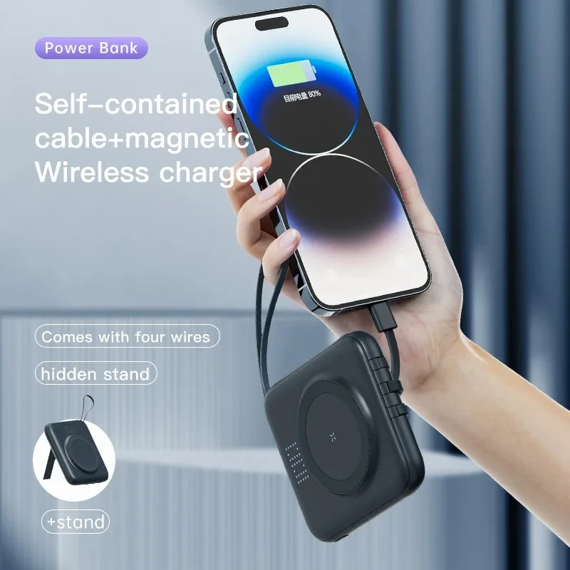 Магнитный аккумулятор USB Type C 2025 Q12 быстрая зарядка с кабелем компактный портативный беспроводной цифровой дисплей мобильный источник Фото №4