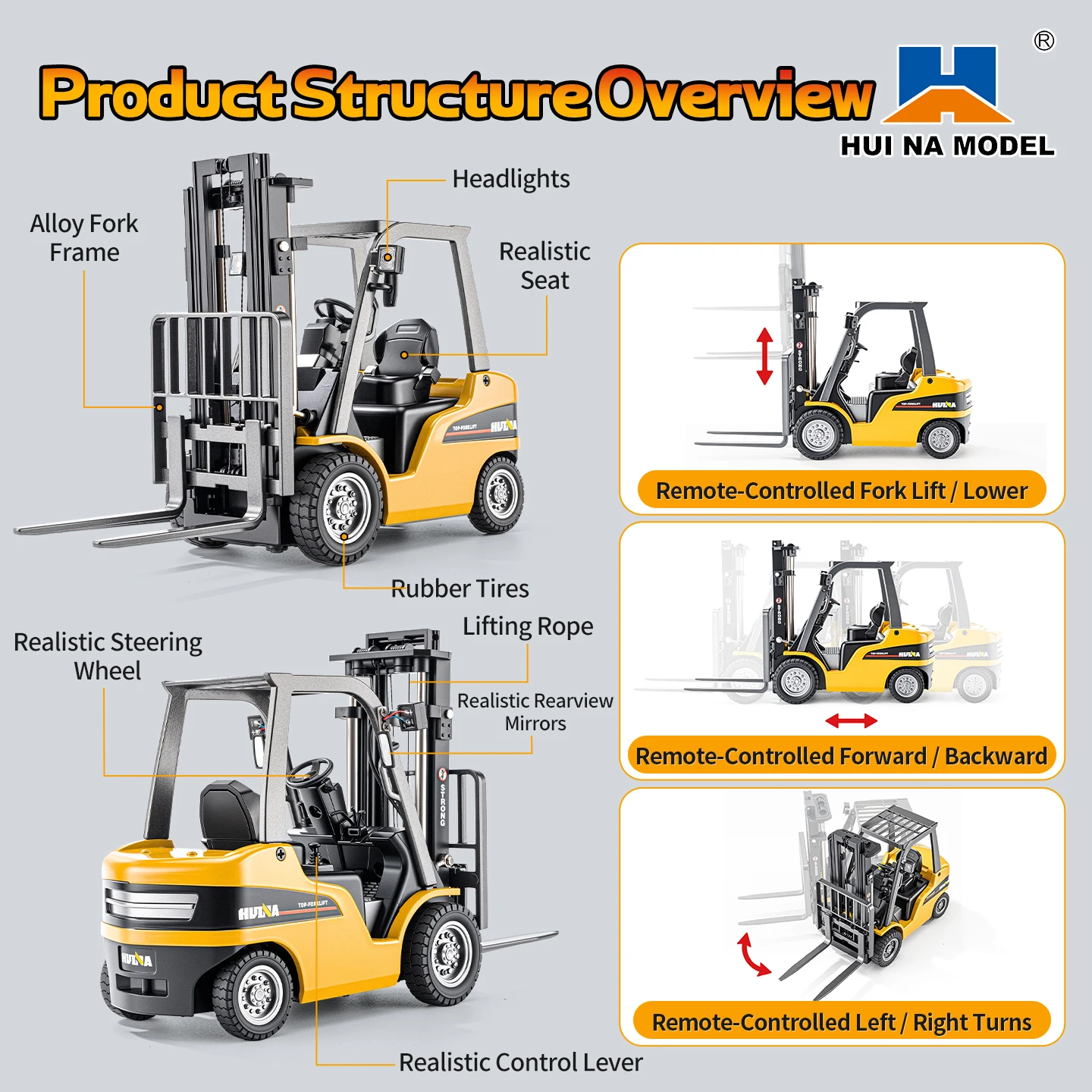 Huina 1/50 2.4G RC Forklift Truck 12CH Simulation Cargo Handling Remote Control Engineering Vehicle Toys Boy Birthday Gifts
