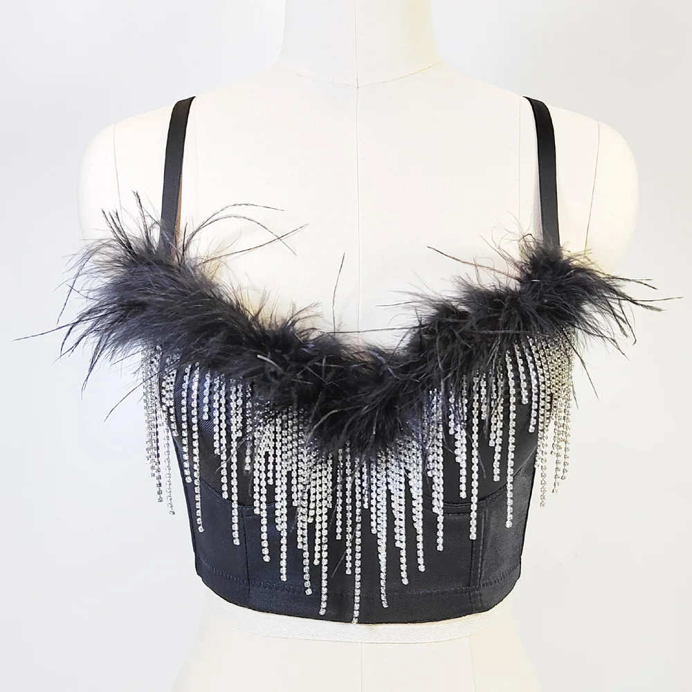 Sexy Backless Bustier Top Feather Tassel Underbust Corset Bralette for Women Clubwear Night Out Tube Top Gothic Clothes Lingerie