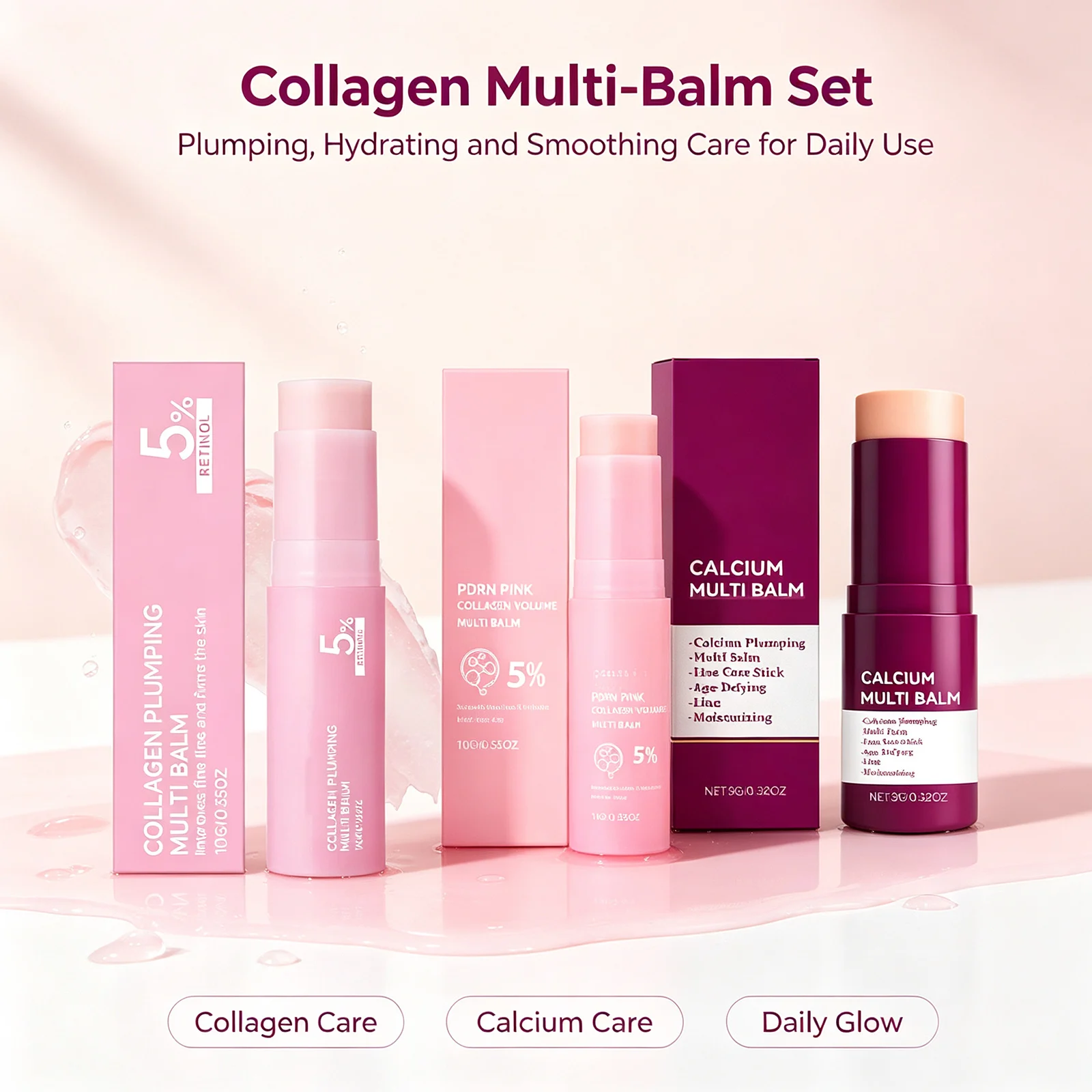 PDRN Pink Collagen Multi Balm Stick 5% Volume Stick Set Moisturizing Firming Fine Lines Brightening Portable Skincare Stick