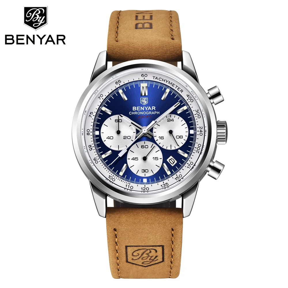 BENYAR Mens Watches Top Brand Luxury Sports Watch For Men Quartz Chronograph Multifunctional Waterproof Military Leather Clock