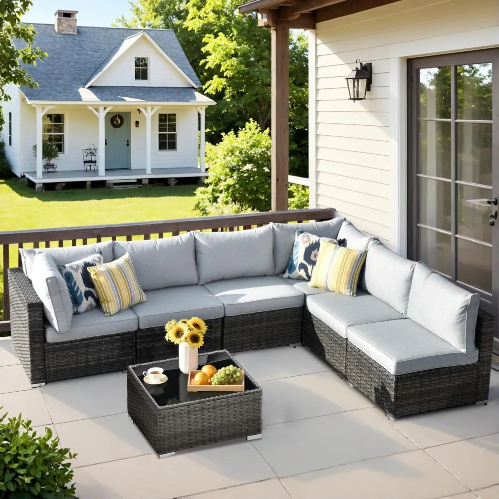 

7 Pieces Patio Wicker Furniture Set with Sectional Sofa, Weather Resistant Outdoor Seating with Glass Coffee Table for Garden,Ba