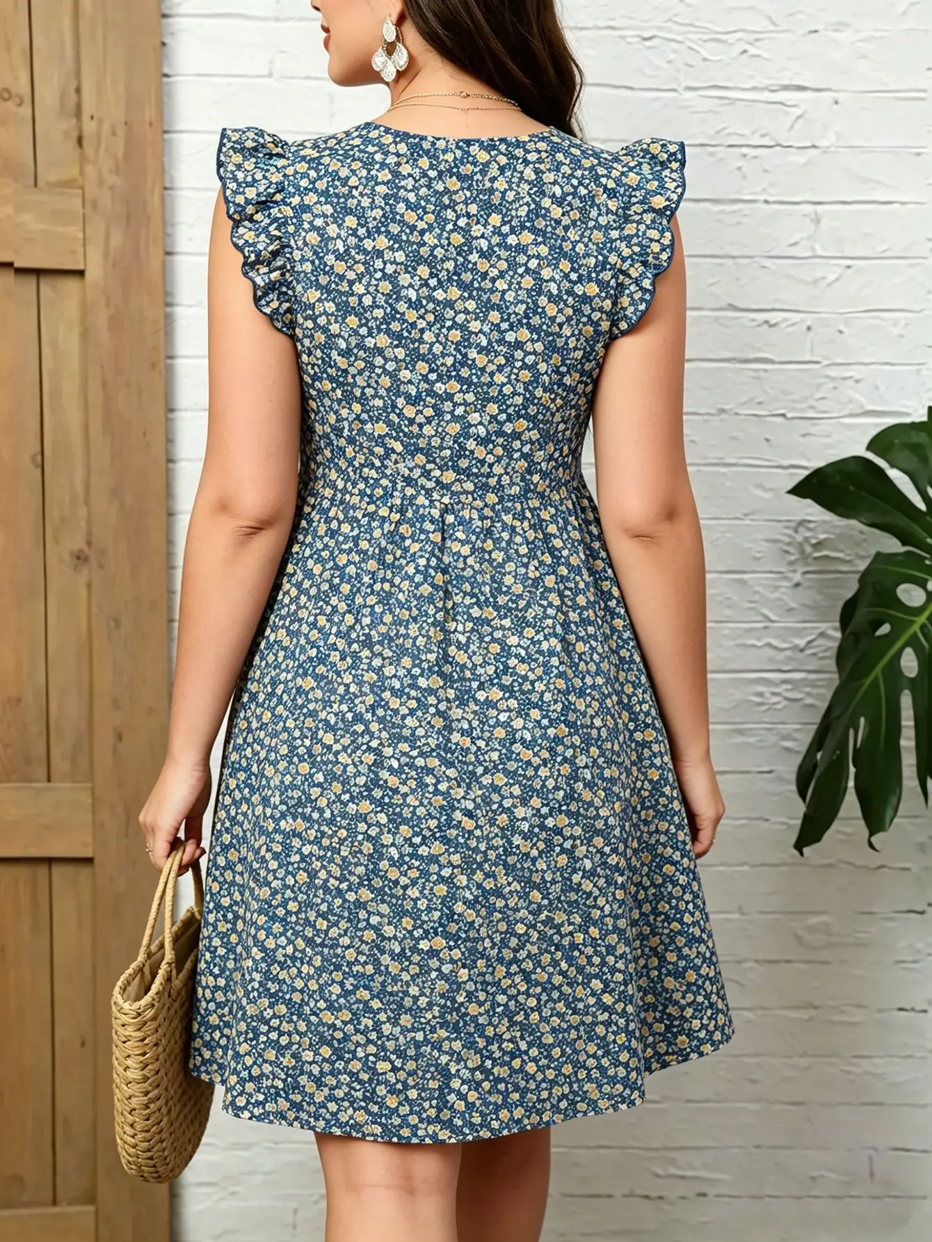 Lässiges Kleid mit V-Ausschnitt für Damen, Sommerkleid mit Blumenmuster, knielanges Urlaubskleid, elegantes Kleid mit Rüschen und kurzen Ärmeln, Boho-Kleid, Dropshipping. – Detail 4