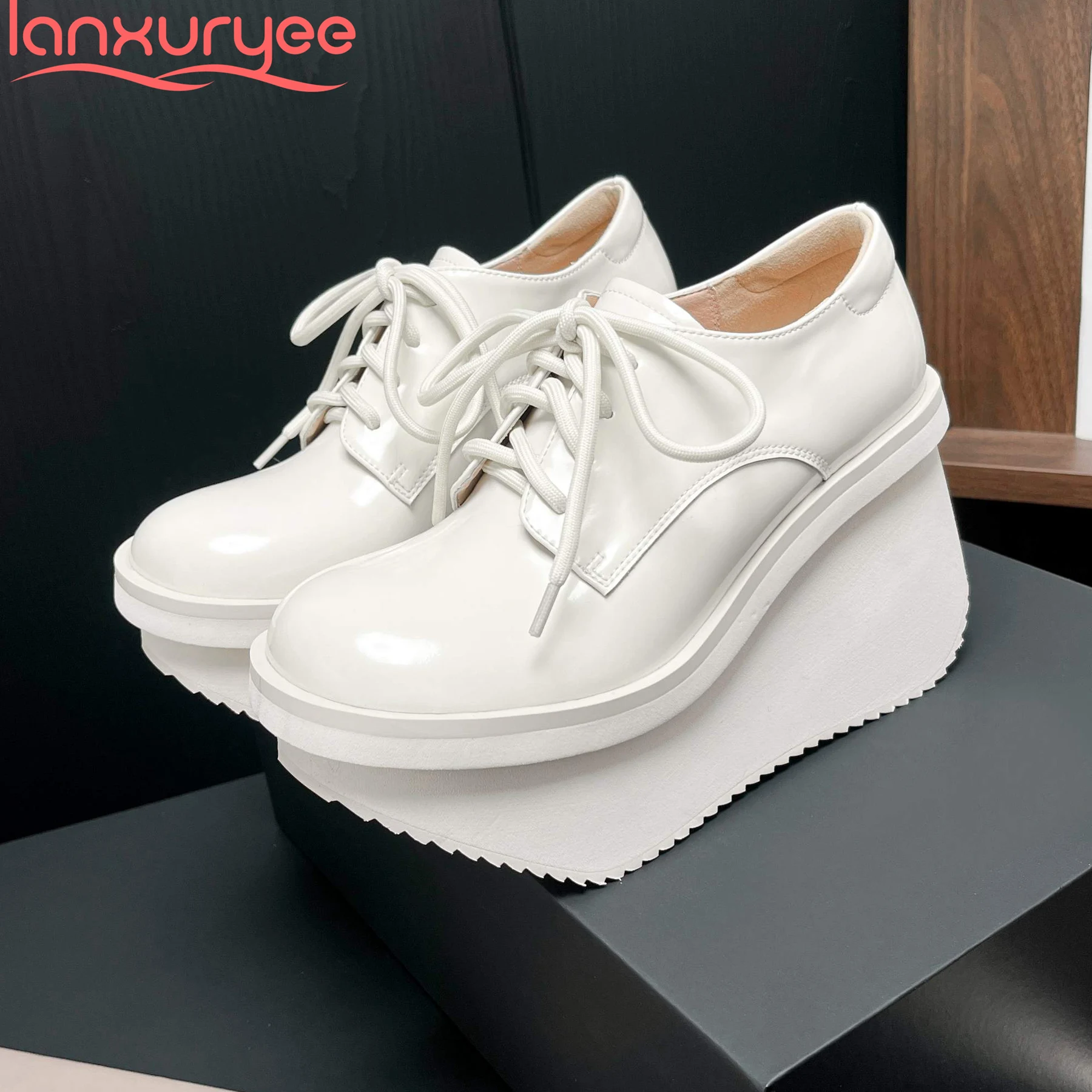 

Lanxuryee Brand Cow Leather Elegant Thick Bottom Autumn Spring Shoes Platform Luxury Increasing Casual Office Lady Women Pumps