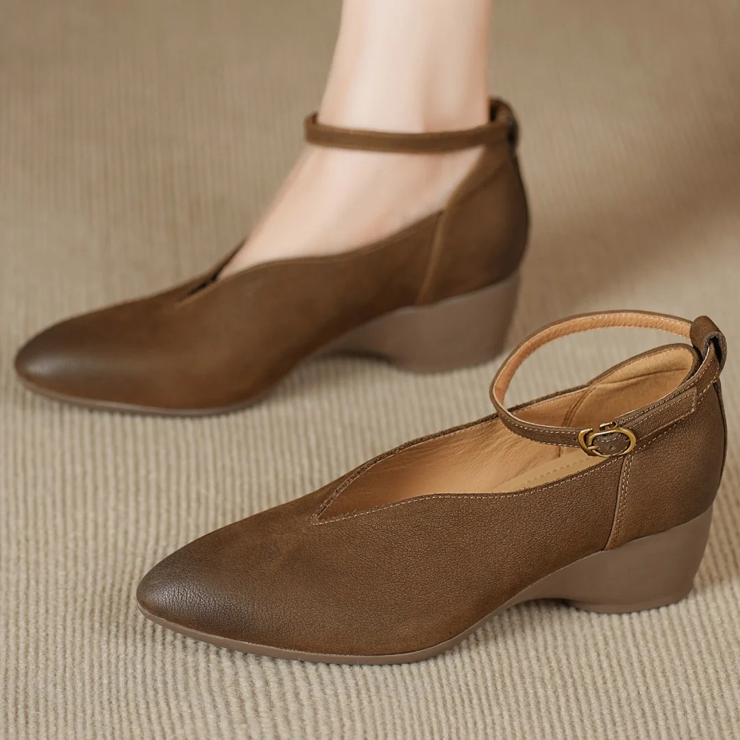 

Women's cow leather pointed toe ankle strap 4.5cm wedge med heel pumps high quality soft comfortable OL style daily heeled shoes