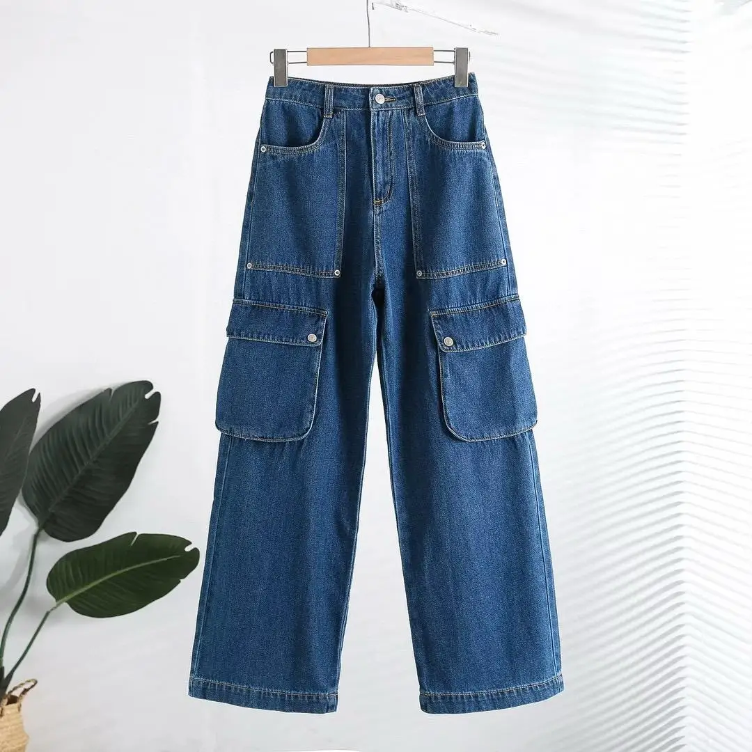 Spring 2025 New Style Workwear Windbreaker High Waist Slimming Denim Wide Leg Pants Multi-Pocket 3D Sewing Casual Jeans