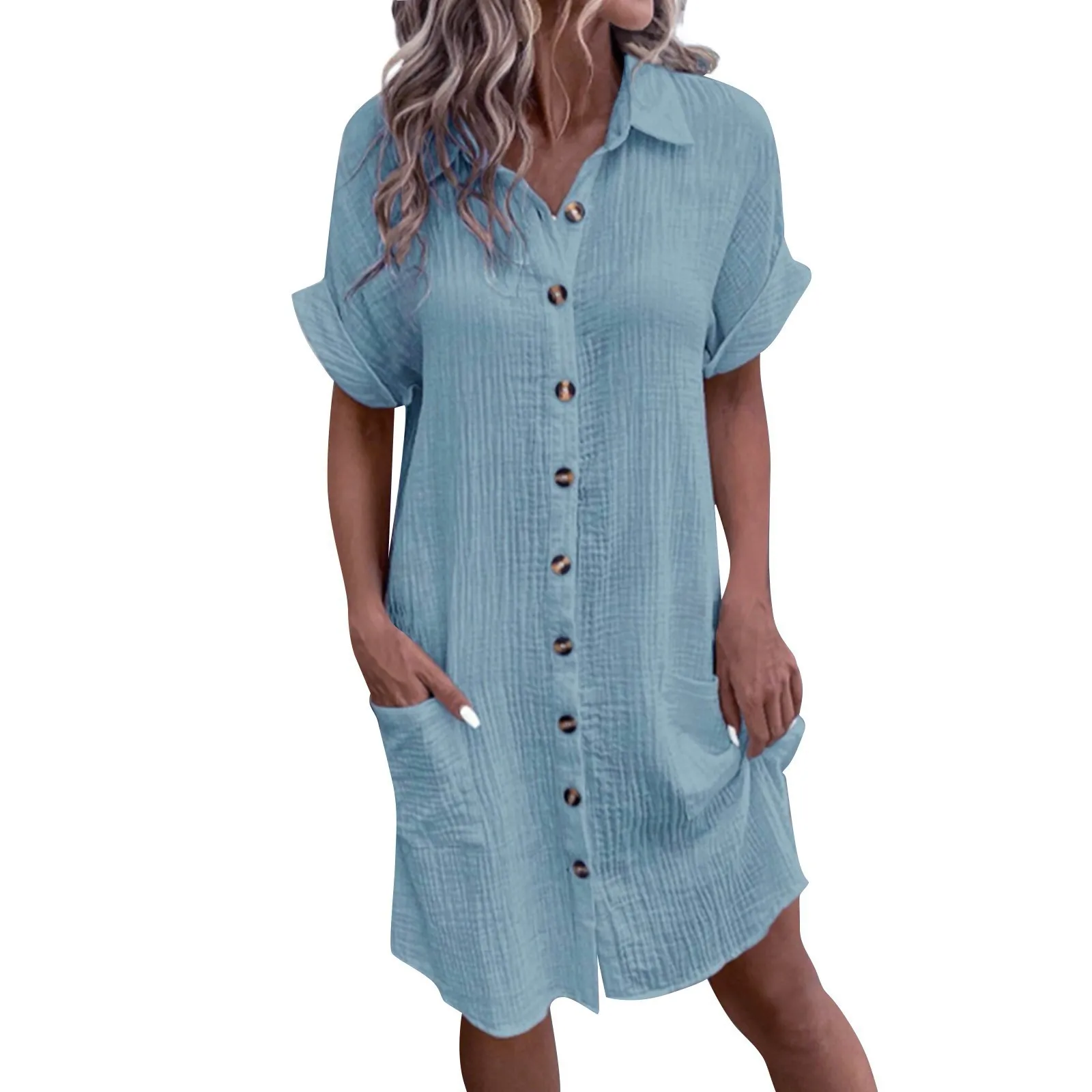 New Women\'S Fashion Casual Solid Color Buttoned Mid-Length Short Sleeve Loose Dress летние Nuevo En Vestidos Verano Moda