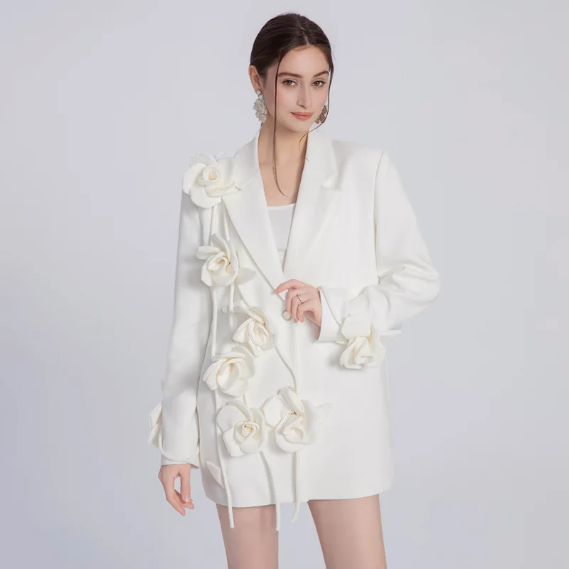 White fashion three-dimensional flower original design blazer 2025 Spring high end niche leisure party sexy long suit