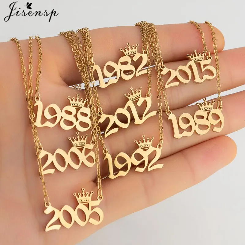 Stainless Steel Crown with Birth Year Number Necklaces for Women Men Special Date Necklace 1980 to 2024 Birthday Gifts