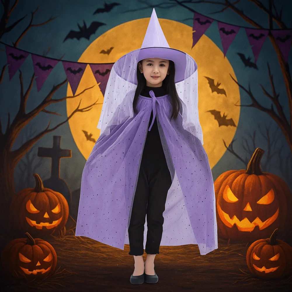 クリエイティブ二重層ハロウィンマント帽子スターローブハロウィン子供衣装メッシュコスプレケープ帽子セットパフォーマンス