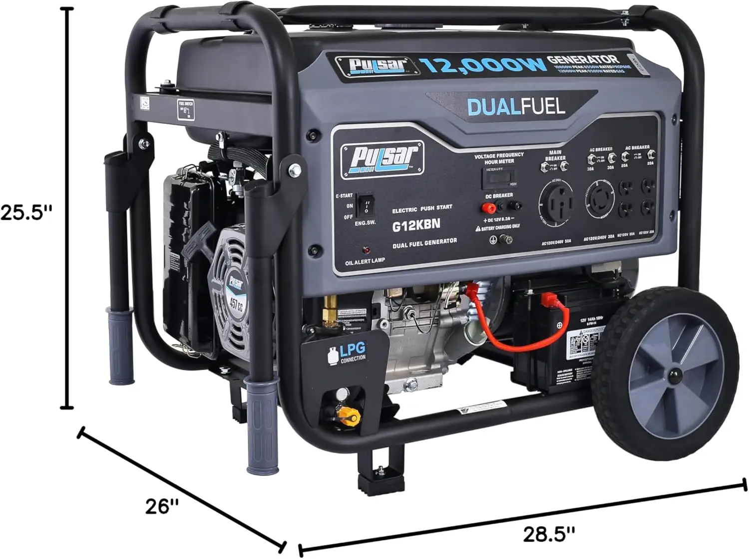 Heavy Duty Portable Dual Fuel Generator - 9500 Rated Watts & 12000 Peak Watts - Gas & LPG - Electric Start - Transfer Switch