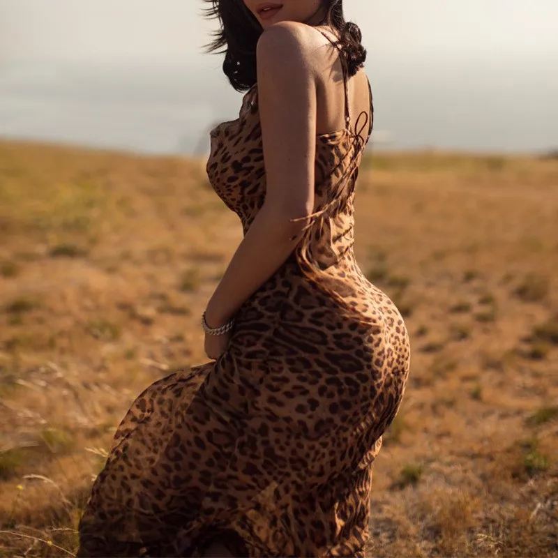 

Vintage Leopard Print Tulle Slip Long Dress Sexy Semi-transparent Backless Cami Dresses Summer Woman Party Beach Vestido