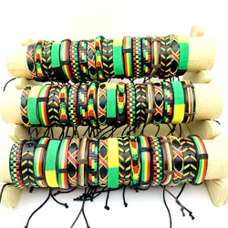 Wholesale 30/50/100pcs Handmade Leather Bracelets Bob Marley Rasta Jamaica Fashion Cuff Jewelry Party Gift Mix Red/Yellow/Green