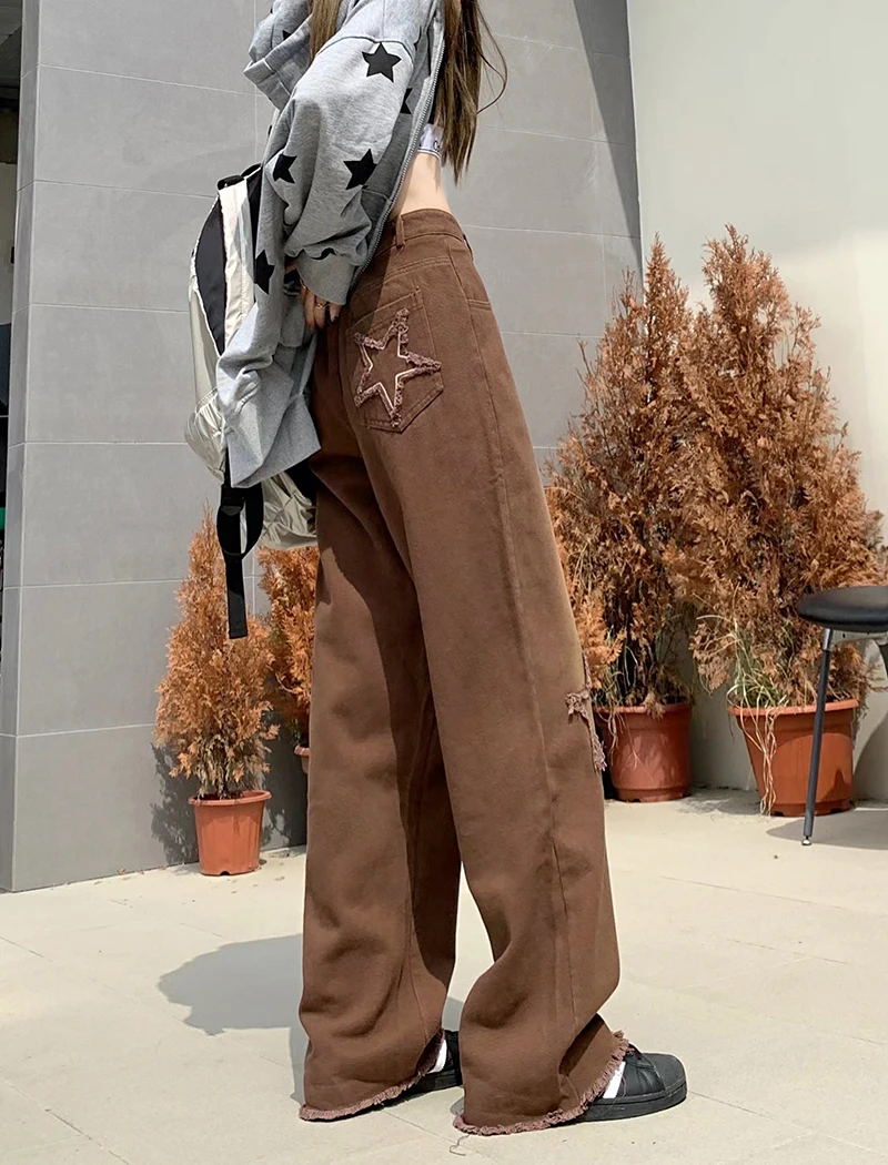 

2022 Autumn Hot High Waist Wide Leg Jeans Women Straight Pants Star Raw Edge Pocket Trousers Highstreet Fashion Female Clothing