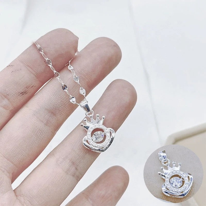 

100% 925 Sterling Silver Zircon Crown Necklace for Women Girl Geometric Hollow Out Design Jewelry Party Gift Dropshipping