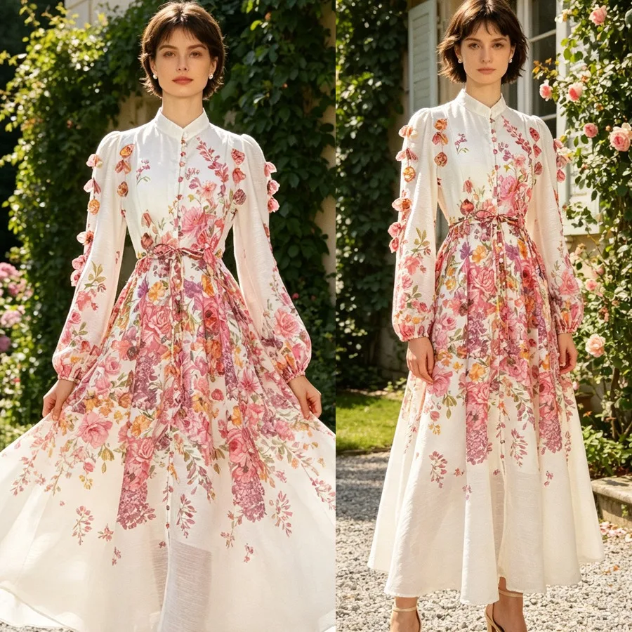 

Elegant Vintage Printed Stand Collar Lantern Sleeve Single Button Two Piece Set Long Dress Floral A-Line Midi Dress Polyester