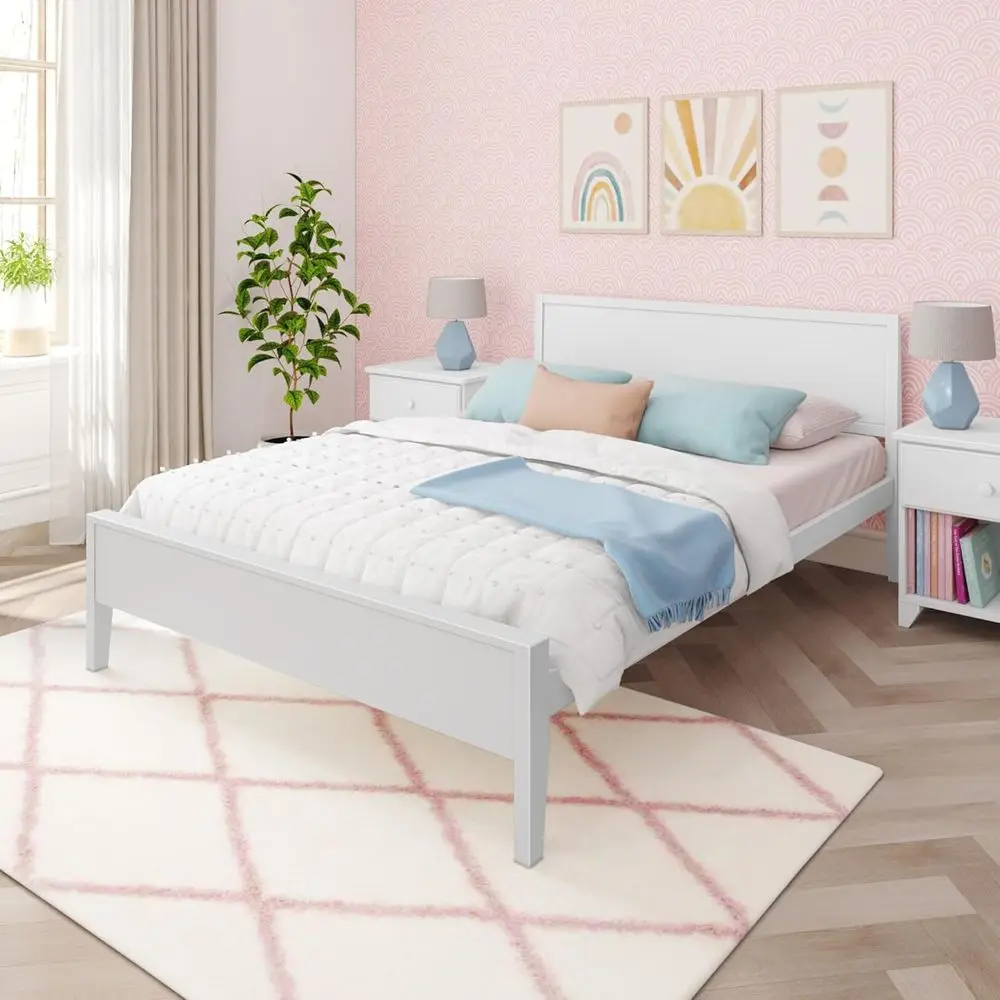 

Max & Lily Solid Wood Queen Bed e with Panel board, Kids Bed with Wood Slat Support, No Box Spring Needed, White
